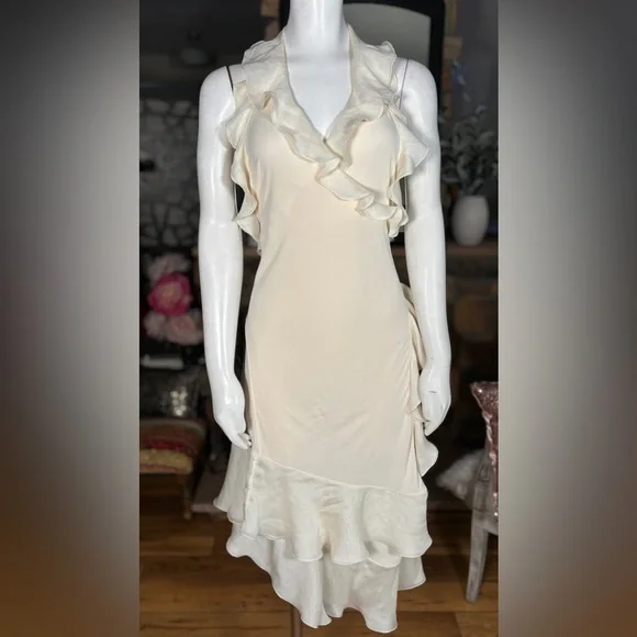 Jean Paul Gaultier Cream Silk & Rayon Backless Ruffle Halter Wrap Dress, Sz L - Picture 2 of 16
